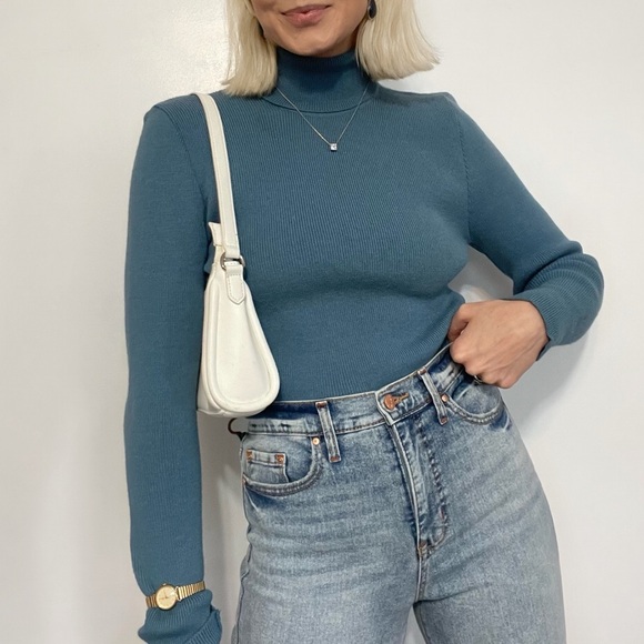 Dusty Blue Basic Turtleneck Vintage Knit Sweater - Picture 1 of 6
